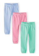 Set of three girls joggers in coral, turquoise, and blue with side pockets, featuring a comfortable elastic waistband design.