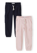 Two pairs of girls' joggers in pink and navy with cargo pockets and drawstring waist design