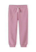 Pastel pink joggers for girls with elastic waistband and white drawstring, featuring a comfortable, stylish design.