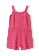 Pink breathable crochet jumpsuit for girls with adjustable straps and scalloped edges design