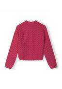 Pink slim fit girls cardigan with detailed textured knit design and scalloped edges on cuffs and hem