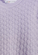 Close-up of lilac jumper with intricate waved trim textured design in soft fabric for kids fashion.
