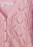 Light pink cotton knit cardigan with delicate pointelle pattern and wooden buttons for girls aged 3 months to 7 years.