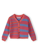 Lightweight girls cardigan with pastel coral and blue stripes, featuring a unique knitted design and button closure.