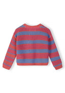 Back view of girls lightweight cardigan with pastel coral and blue striped open knit design