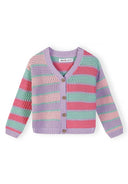 Pastel striped cotton knit button-up cardigan for girls in lilac, pink, and green with a unique crochet design.