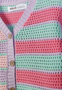 Pastel striped cotton knit cardigan with lilac trim and button-up detail showcasing textured design for kids fashion.