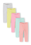 Set of five pastel-colored kids leggings with elasticated waistbands in soft pink, coral, mint, yellow, and grey marl design
