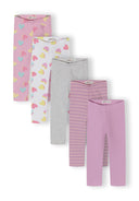 Set of five girls leggings in purple tones featuring heart and stripe patterns with unique design elements