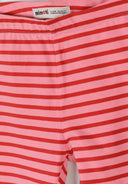 Close-up of pink and red striped capri leggings with comfortable elastic waistband for kids fashion.