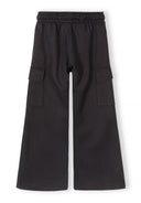 Black wide leg joggers for girls featuring combat pockets and an elasticated waistband with unique design details.