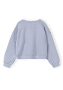 Back view of soft blue sweatshirt with long sleeves and simple, comfortable design for babies and toddlers.