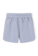 Soft light blue baby shorts with elastic waistband and subtle stitching design for comfortable kids fashion.