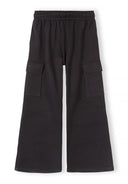 Black wide leg joggers with flap pockets and an elasticated waistband in smooth fabric design