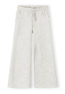 Light grey wide leg joggers with elasticated waistband, drawstring, and front pockets in a soft knitted fabric design.