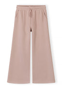 Pink wide leg joggers with elasticated waist and drawstring, featuring side pockets and a relaxed casual design.