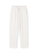 Off white wide leg joggers with elasticated waist, drawstring, and side pockets in a soft viscose blend fabric design.