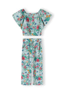 Girls two-piece tropical print set in mint color with floral design and wide-leg pants for kids and baby fashion