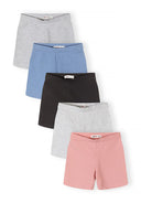 Set of five girls cycling shorts in soft melange blue, grey, black, and pink with elastic waistbands and simple design
