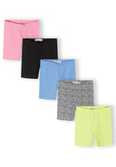 Set of five girls’ short cycling leggings in pink, black, blue, animal print, and yellow with unique design accents.