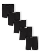 Five-pack of black girls cycling shorts with elastic waistbands designed for comfort and active wear