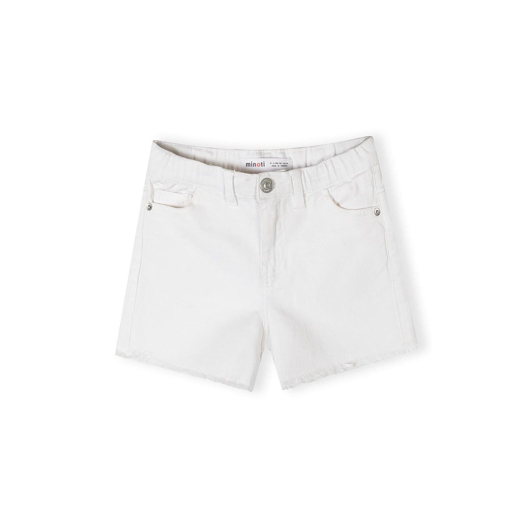 Single white twill shorts laid flat showing front view with Minoti label visible in waistband, button closure and classic pocket detailing