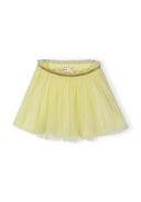 Light yellow girls tulle skirt with elastic waistband and delicate, airy design for young children’s fashion.