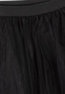 Close-up of black pleated tulle fabric with a smooth waistband detail showing delicate design.