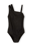 Black girls one-shoulder swimsuit with asymmetrical cut-out design, stylish and comfortable for kids aged 3 to 11 years.