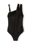 Black girls one-piece swimsuit with asymmetrical single shoulder strap and cut-out design detail for kids.