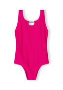 Pink girls one-piece swimsuit with scoop neck and pearl embellishments, featuring a textured design for kids aged 3-11 years.