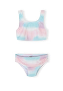 Girls tie-dye bikini in soft pink and blue with a modern design, suitable for kids ages 3 to 11 years.