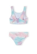 Pastel pink and blue tie-dye girls bikini with elasticated straps and quick-dry fabric, designed for comfort and style.