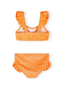 Neon orange girls bikini with floral jacquard pattern, ruffle trim, and adjustable straps in a quick-dry fabric design.