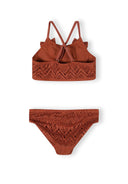 Copper crochet bikini set for girls with breathable open-knit design and adjustable straps, featuring a gold charm detail.