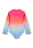 Girls long sleeve swimsuit with blue and pink ombre design showcasing a smooth gradient and stylish back view.