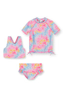 Colorful pink and blue tie-dye rash vest set with unique design for girls including top, tank, and ruffled bottoms.
