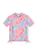 Colorful pink and blue tie-dye rash vest with short sleeves and drawstring detail for kids' swimwear fashion