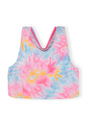 Girls cropped rash vest with colorful pink blue and yellow tie-dye design ideal for kids UV protection swimwear