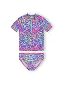 Colorful girls rash vest set with vibrant leopard print and short sleeves, designed for style and sun protection.