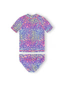 Colorful kids rash vest set with vibrant leopard print design for ages 2 to 14 years in purple and pink tones