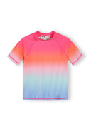 Girls ombre rash top in pink, orange, and blue with short sleeves and a comfortable fit for kids.