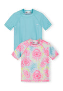 Two short sleeve rash tops for girls, one solid blue and one multicolour tie-dye design, quick-dry fabric