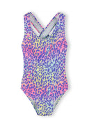 Girls colorful leopard print swimsuit with unique crossover back design in vibrant multicolor pattern