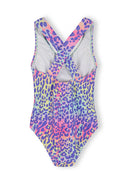 Colorful leopard print girls swimsuit with a unique crossover back design for kids aged 3 to 12 years