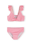 Girls pink and white striped bikini with frill straps and knotted front detail for kids ages 3 to 11 years