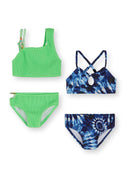 Two girls bikini sets featuring textured emerald green and blue tie-dye designs with adjustable straps for kids.