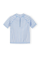 Blue and white striped short sleeve rash vest for girls with a unique sun protection design, ideal for kids and baby fashion.