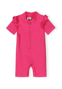 Pink short sleeve rash suit for girls with textured fabric and ruffle details on shoulders