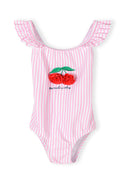 Pink striped girls swimsuit with ruffle sleeves and cherry applique, featuring a sweet and playful design.